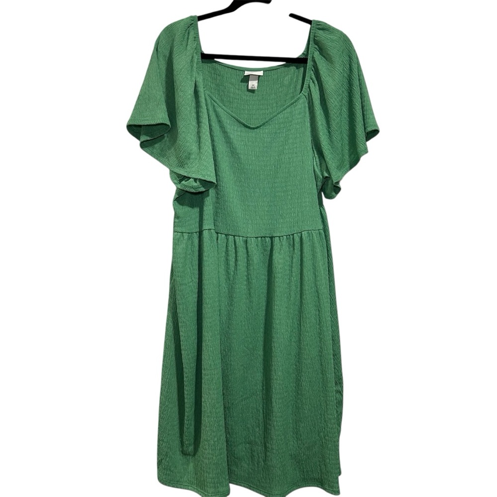 Ava & Viv Women's Short Sleeve Crinkle Dress Green Fit And Flare Size 2X Pockets